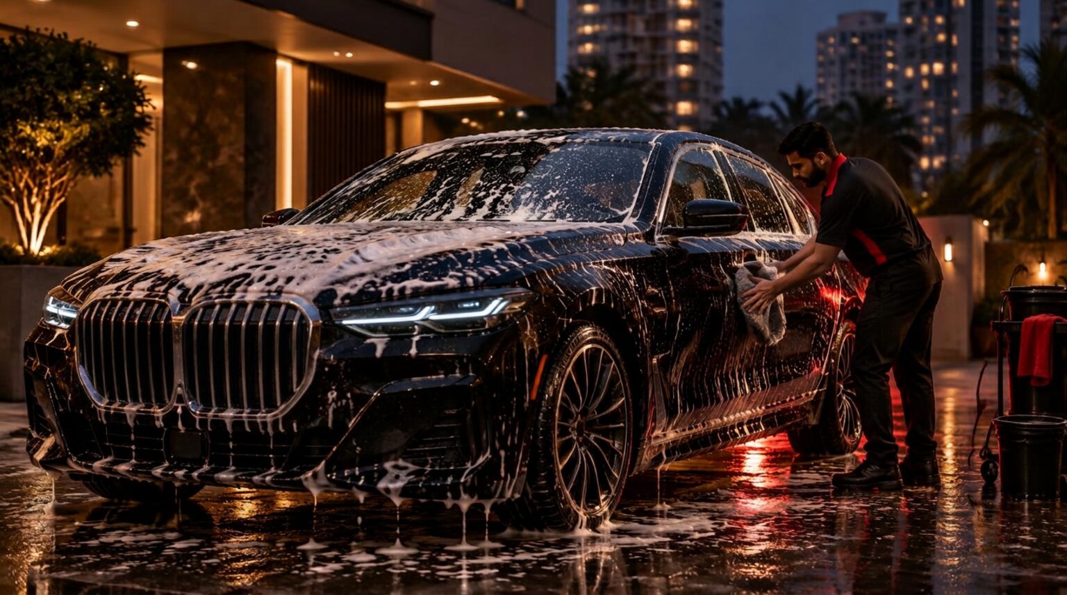 LUXOVA crew foam washing a premium car at your doorstep
